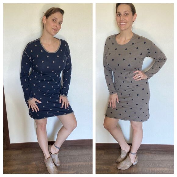 Sweater Dress Reversible Navy Taupe Brown Dot Large Soft Stretch - Picture 1 of 8